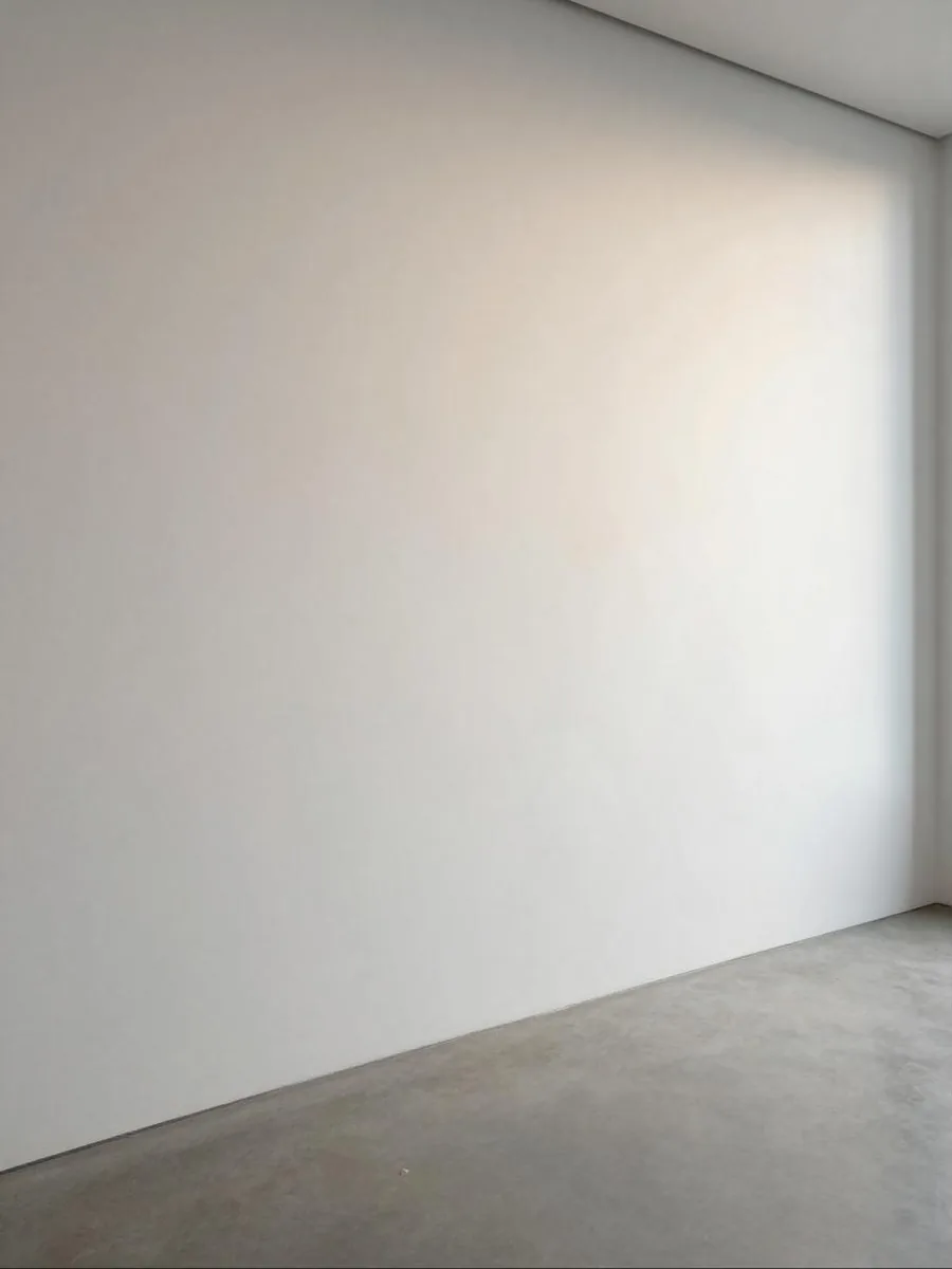 Afternoon light raking across a blank white gallery wall above a concrete floor.