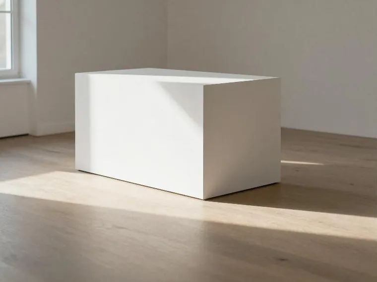 An empty white gallery pedestal, daylight falling off its edge onto a pale wood floor.